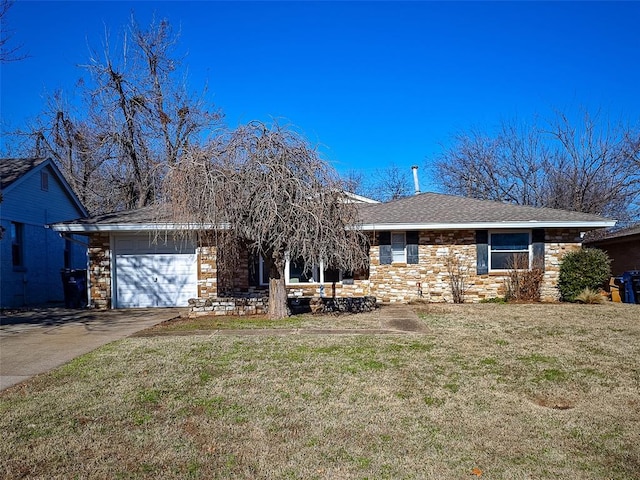 ranch-style house with a front yard and a garage