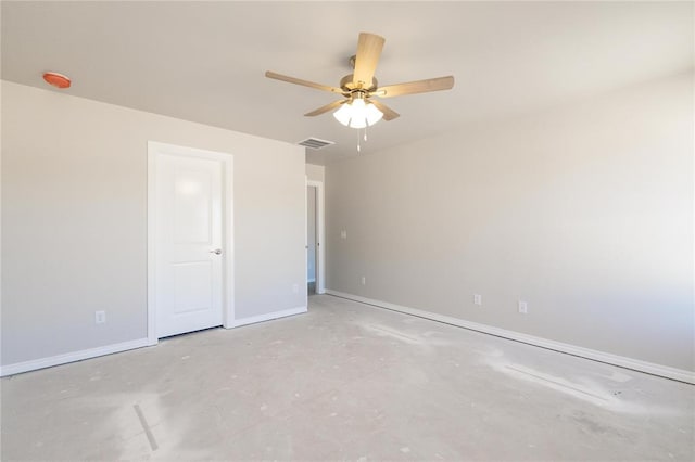 1917 Taines Turn, Norman, OK 73072 - unfurnished bedroom featuring concrete flooring, baseboards, visible vents, and ceiling fan