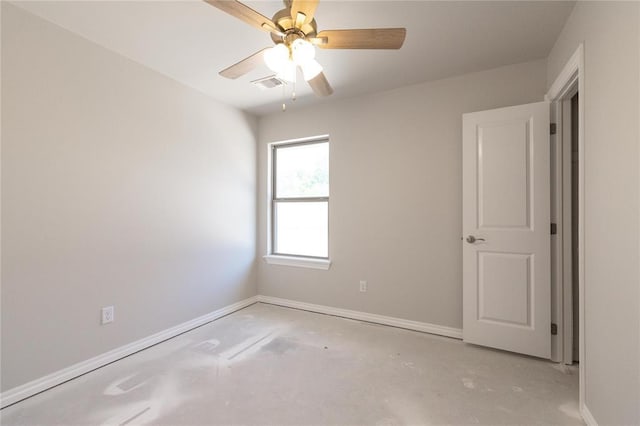 1917 Taines Turn, Norman, OK 73072 - empty room featuring baseboards, a ceiling fan, visible vents, and unfinished concrete flooring