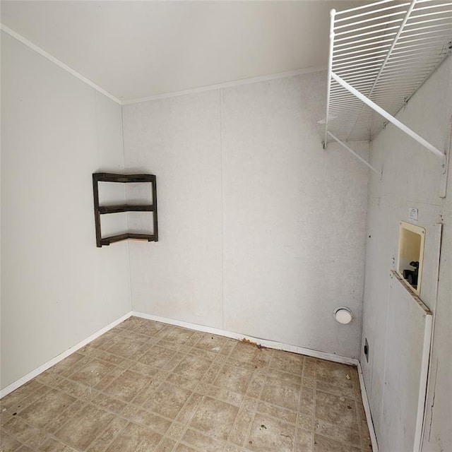 washroom with hookup for a washing machine, laundry area, ornamental molding, and tile patterned floors