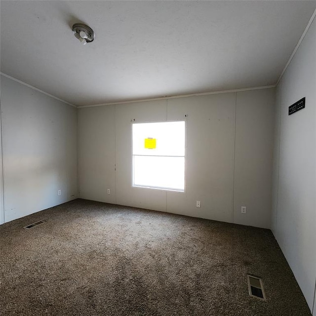 spare room featuring carpet floors, visible vents, and crown molding