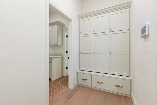 mudroom with light hardwood / wood-style flooring