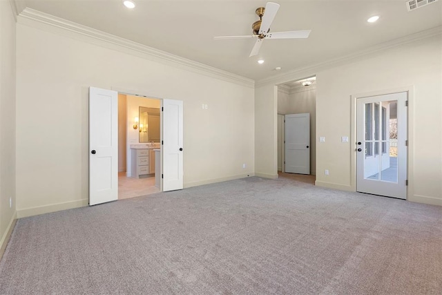 unfurnished bedroom featuring ceiling fan, access to exterior, ornamental molding, and light carpet