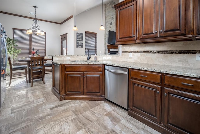 kitchen featuring light stone counters, sink, pendant lighting, a notable chandelier, and dishwasher