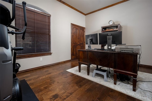 office area with crown molding and dark wood-type flooring