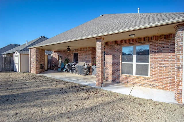 exterior space featuring ceiling fan and a patio