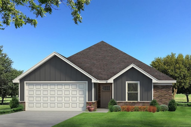 ranch-style home with a garage, concrete driveway, board and batten siding, a front yard, and brick siding