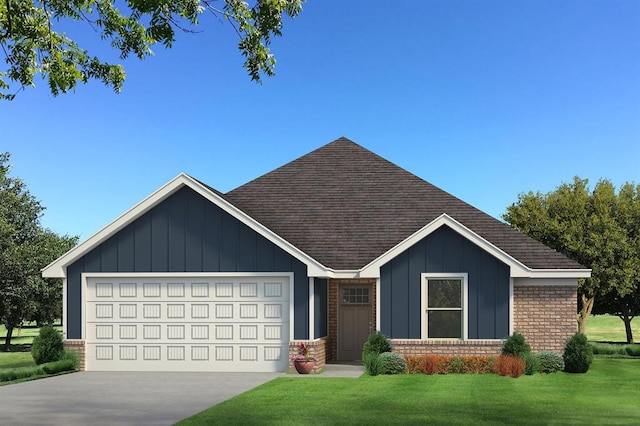 view of front of house with concrete driveway, brick siding, an attached garage, a shingled roof, and a front yard