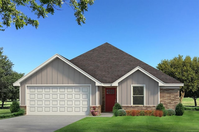 view of front facade with a front lawn, driveway, a garage, a shingled roof, and board and batten siding