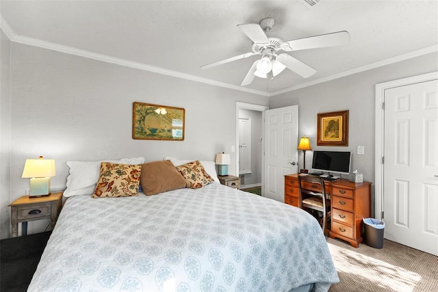 bedroom with carpet flooring, ceiling fan, and ornamental molding