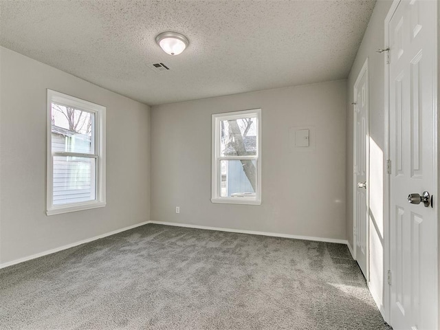 unfurnished room with carpet, a textured ceiling, and a wealth of natural light