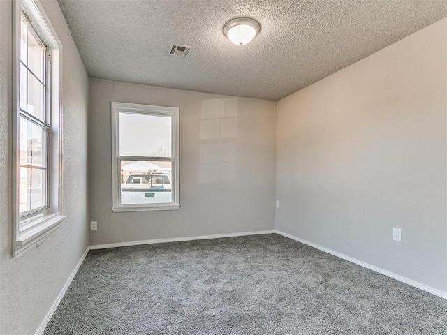 empty room with carpet flooring and a textured ceiling