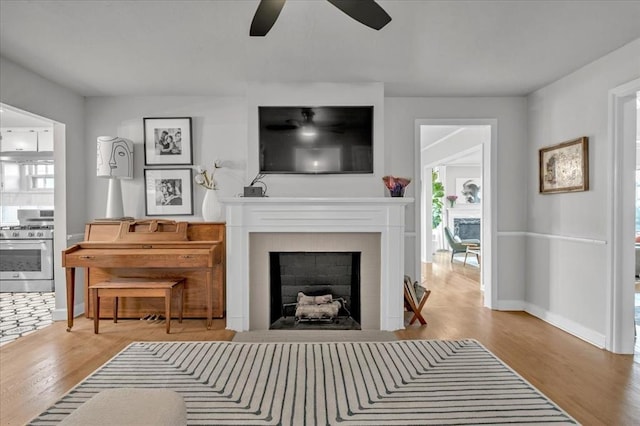 living area featuring wood finished floors, a fireplace with flush hearth, and baseboards