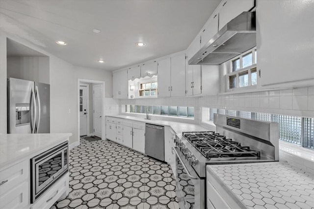 kitchen featuring ventilation hood, a wealth of natural light, stainless steel appliances, and white cabinetry