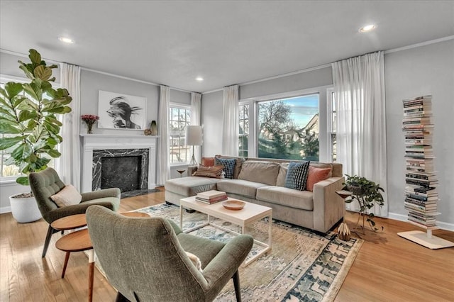 living room featuring light hardwood / wood-style flooring, crown molding, and a fireplace