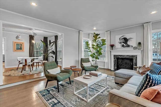 living room featuring a high end fireplace, crown molding, and hardwood / wood-style flooring