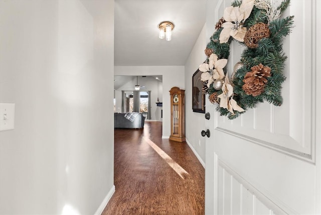 hallway with dark hardwood / wood-style flooring