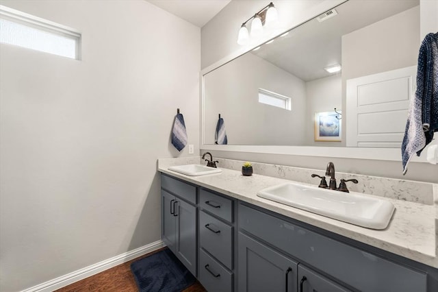 bathroom featuring vanity, hardwood / wood-style flooring, and a healthy amount of sunlight