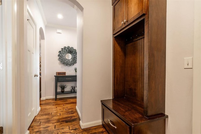 mudroom featuring dark hardwood / wood-style floors and crown molding