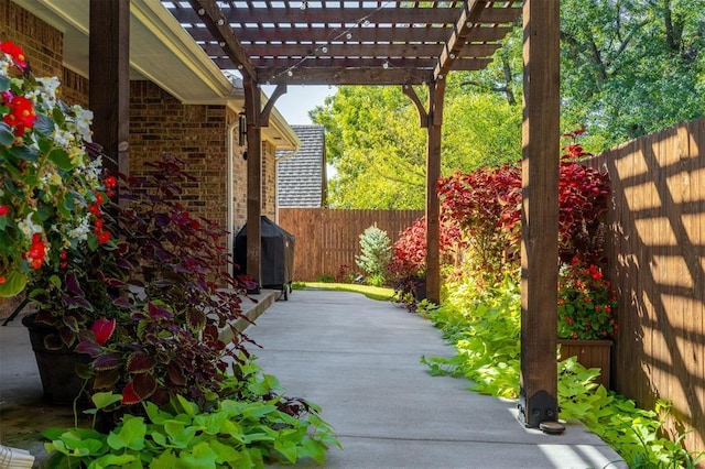 view of patio / terrace featuring area for grilling and a pergola