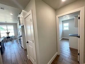 hallway with a wealth of natural light and dark wood-type flooring