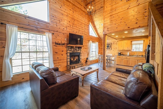 living room featuring hardwood / wood-style floors, high vaulted ceiling, and a healthy amount of sunlight