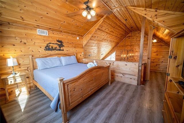 bedroom featuring wooden ceiling, wooden walls, vaulted ceiling, ceiling fan, and dark hardwood / wood-style flooring