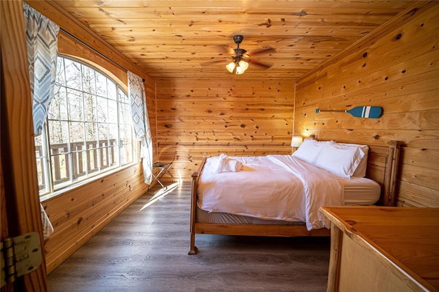 bedroom featuring dark wood-type flooring, ceiling fan, wooden walls, and wooden ceiling