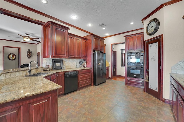 kitchen with tasteful backsplash, sink, ornamental molding, black appliances, and a textured ceiling