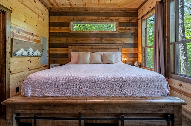 bedroom featuring wooden ceiling and wood walls