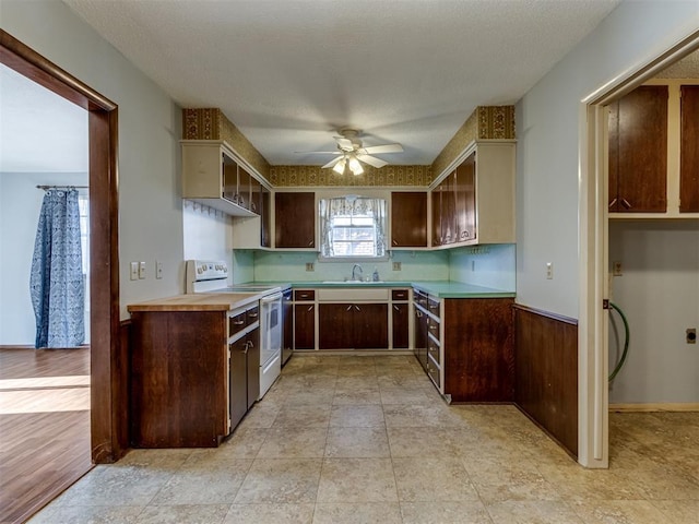 kitchen with white electric range oven, dark brown cabinets, ceiling fan, and sink