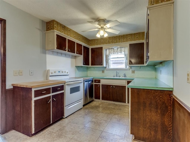 kitchen featuring electric range, ceiling fan, stainless steel dishwasher, a textured ceiling, and dark brown cabinets