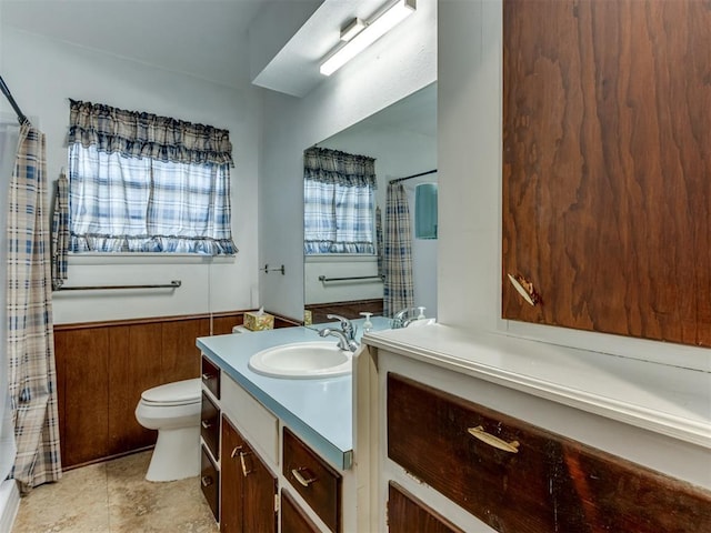 bathroom with vanity, toilet, and wooden walls