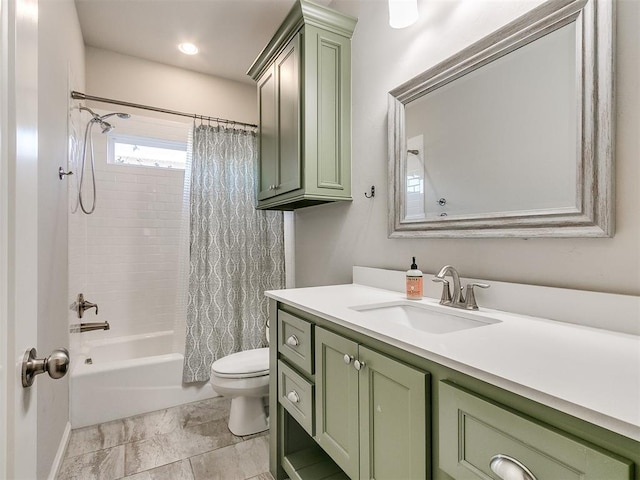 full bathroom featuring vanity, shower / tub combo, and toilet