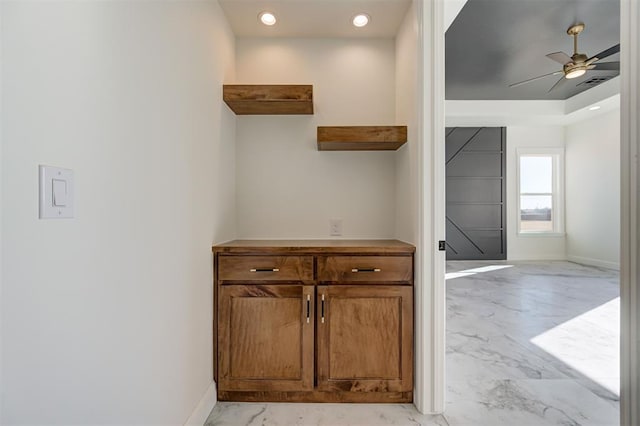 2270 NW 227th St, Edmond, OK 73025 - interior space with recessed lighting, marble finish floor, visible vents, a ceiling fan, and baseboards