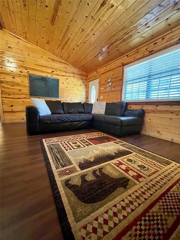 living room featuring wood walls, lofted ceiling, dark wood-type flooring, and wood ceiling