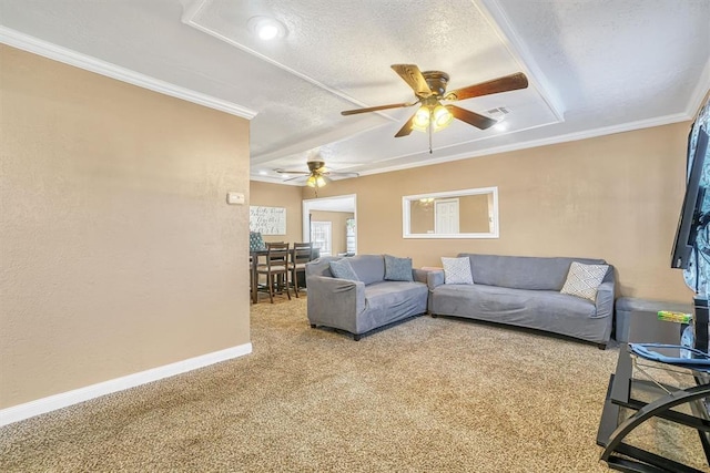 carpeted living room featuring ceiling fan, crown molding, and a textured ceiling