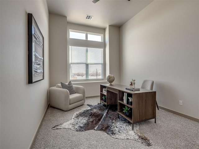 carpeted office space featuring ceiling fan