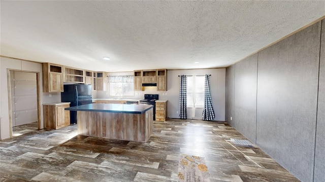 kitchen with black fridge, a kitchen island, and stainless steel range with electric stovetop