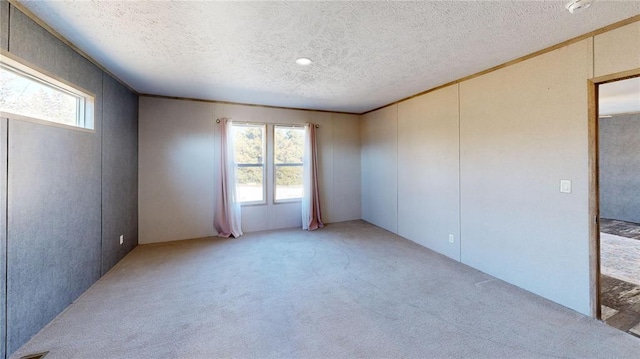 empty room featuring light carpet, crown molding, and a textured ceiling