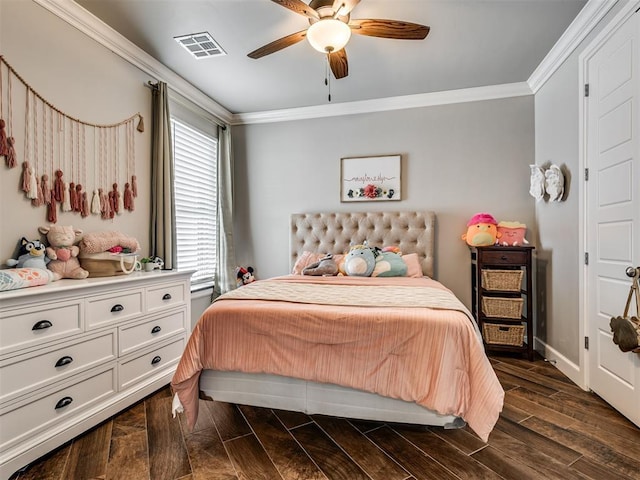 bedroom featuring ornamental molding and ceiling fan