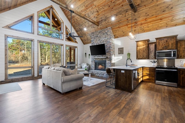 kitchen featuring appliances with stainless steel finishes, decorative light fixtures, high vaulted ceiling, a stone fireplace, and a breakfast bar area