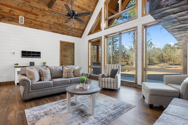 living room featuring wooden walls, dark hardwood / wood-style flooring, high vaulted ceiling, and beamed ceiling