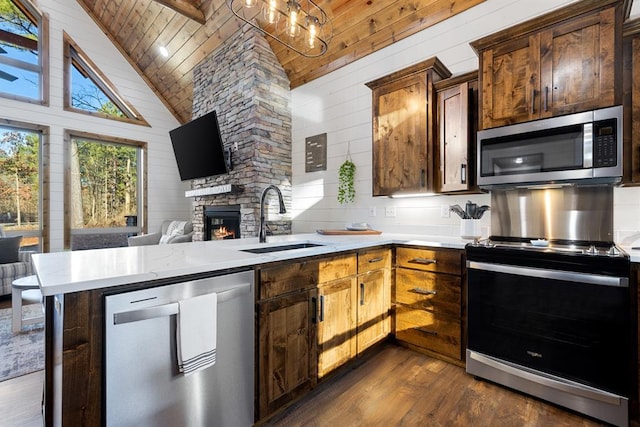 kitchen with sink, dark hardwood / wood-style floors, a fireplace, kitchen peninsula, and stainless steel appliances