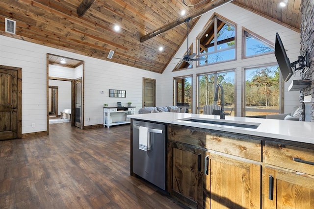 kitchen featuring dishwasher, high vaulted ceiling, wooden walls, and sink