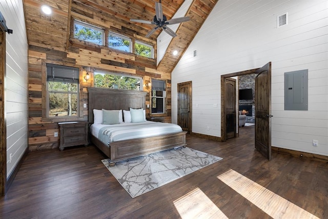 bedroom with wooden walls, electric panel, and high vaulted ceiling