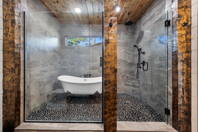 bathroom featuring plus walk in shower and wood ceiling