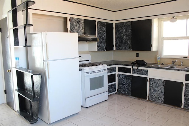 kitchen with exhaust hood, white appliances, light tile patterned floors, and sink