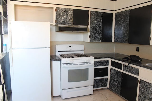 kitchen featuring light tile patterned flooring, white appliances, and range hood