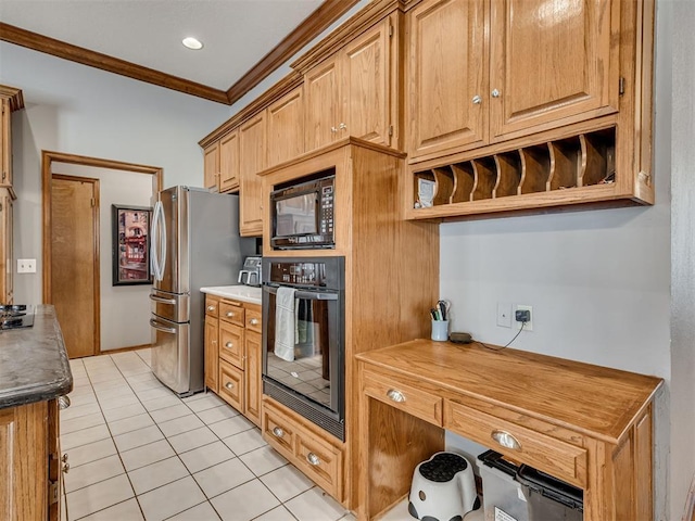 kitchen with light tile patterned floors, ornamental molding, and black appliances